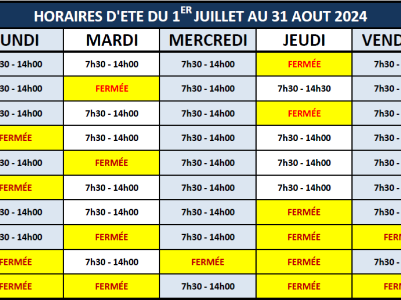 Horaires d'été des déchèteries du 1er juillet au 31 aoùt 2024 :
